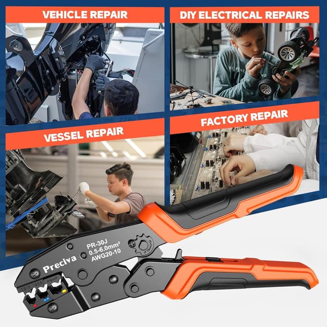 Detalle de Ratchet Crimping Plier Preciva insulated wire terminal crimp tool for AWG 20–10 up to 6mm²