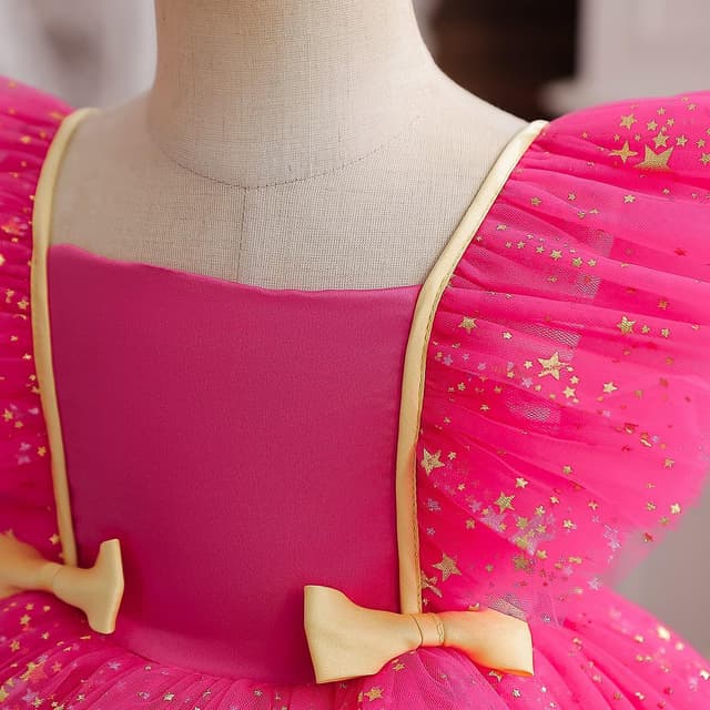 Detalle de NNJXD hot pink princess tutu dress with gold star sequins and satin bodice