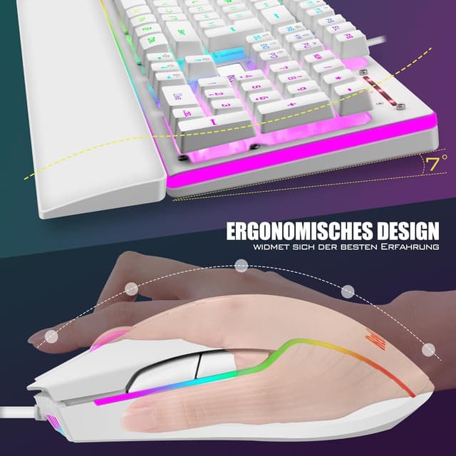 Detalle de RedThunder K10 Gaming Tastatur- und Maus-Set (QWERTZ, Metallplatte, RGB) – Weiß