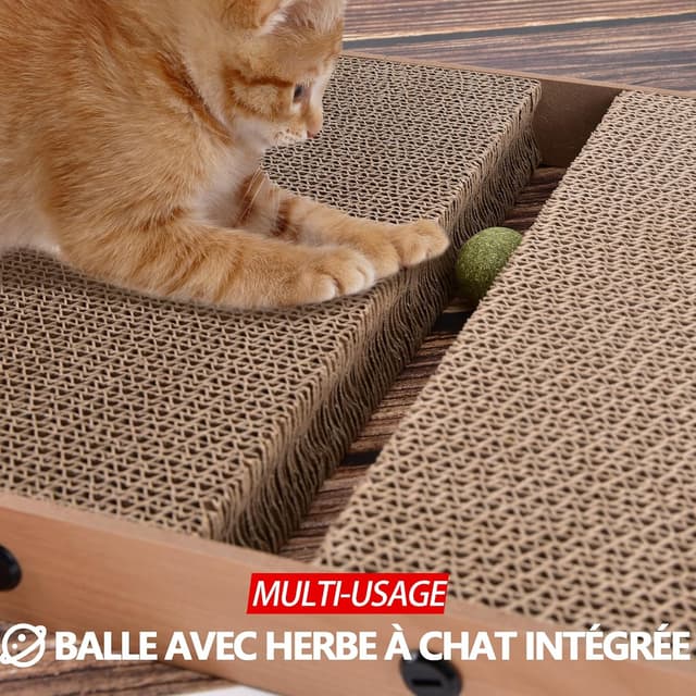 Detalle 2 de AUSCAT griffoir en carton en forme de L pour chat d’intérieur avec 2 balles intégrées (69 cm)