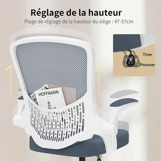 Detalle de naspaluro Chaise de bureau ergonomique grise foncée à accoudoirs rabattables et dossier pivotant 360°