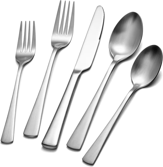 Detalle de KINGSTONE 18/10 Stainless Steel Silverware Set for 8 (40-Piece) — Matte Satin Flatware, Dishwasher Safe