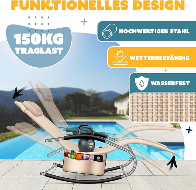 Detalle de KESSER® Sonnenliege Relaxliege Schwungliege Gartenliege mit Seitentasche (beige) – belastbar bis 150 kg