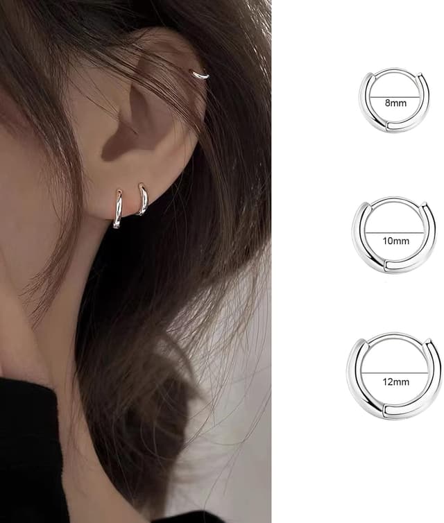 Detalle de Silber 925 Creolen-Set (3 Paar) – kleine Huggies & Helix/Tragus Ohrringe mit 14 Karat Weißgold-Überzug