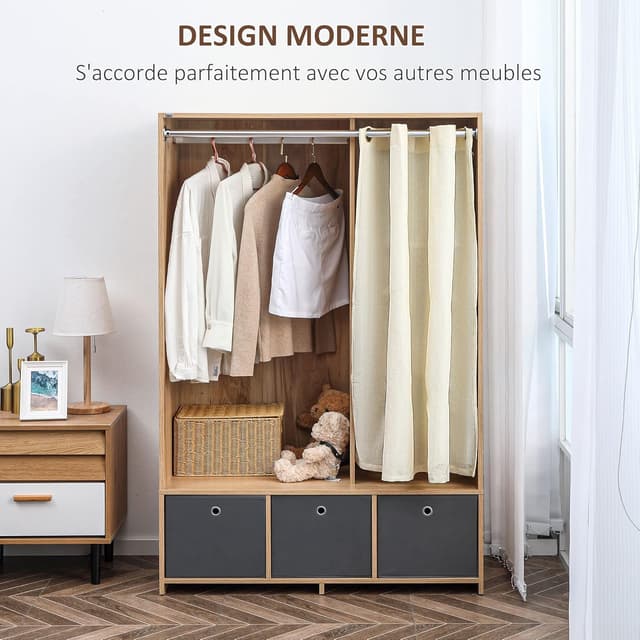 Detalle de HOMCOM Armoire penderie avec rideau gris, 3 compartiments et 3 tiroirs en tissu