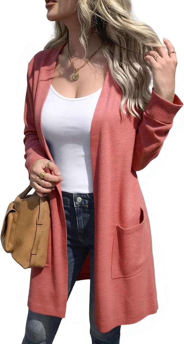 Detalle 2 de Saodimallsu Damen Strickjacke – langer, leichter Cardigan mit offenem Vorderteil, V-Ausschnitt und Taschen