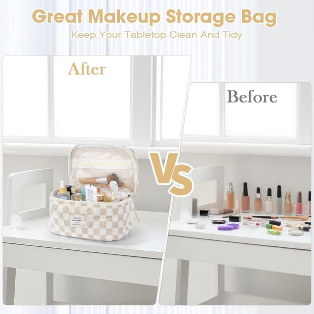 Detalle de BuyCard Kosmetiktasche 3er-Set aus Cord (Khaki Check) – Kulturbeutel Damen für Reise & Alltag