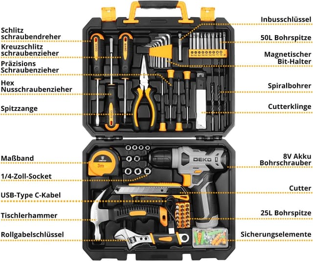 Detalle de Werkzeugkoffer DEKO 126-teilig 8V Akkuschrauber