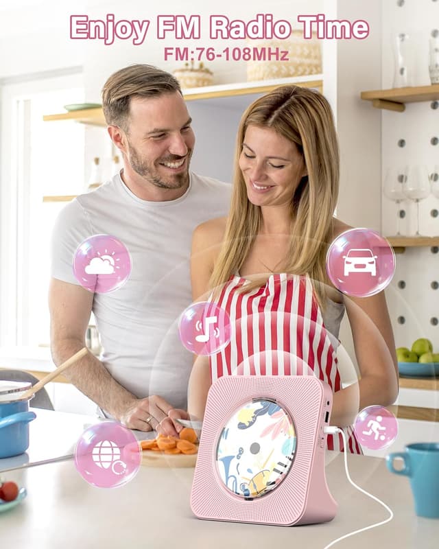 Detalle 2 de Greadio Portable CD Player with Bluetooth 5.0, FM Radio, AUX & USB (Pink)