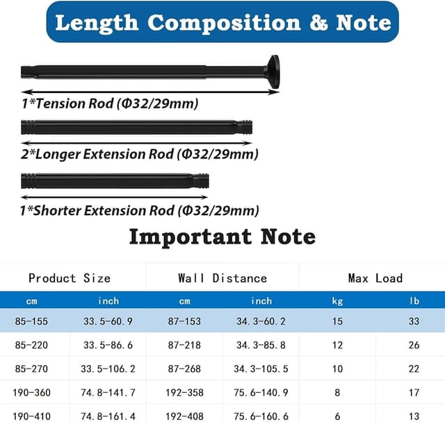 Detalle de No-Drilling Extendable Telescopic Shower Curtain Rail Tension Rod (85–155cm, Extra Thick) – Black
