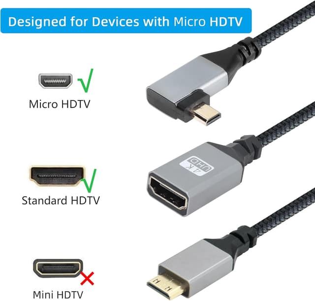 Detalle 2 de RIIEYOCA 4K Micro‑HDTV auf HDMI Kabeladapter (90°) – Micro‑HDMI Stecker auf HDMI‑Buchse, Aluminium, 20 cm