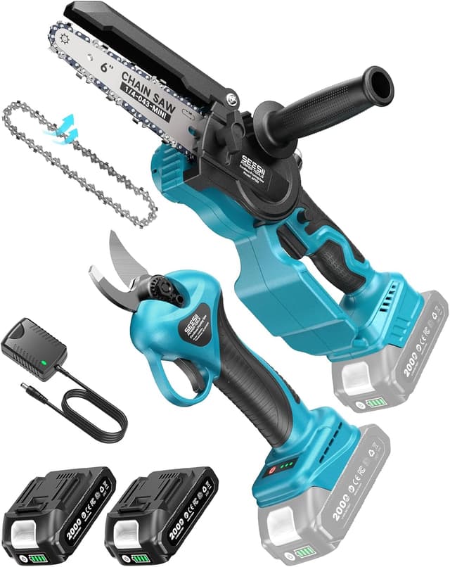 Detalle de SEESII 6 pouces mini tronçonneuse & sécateur électrique sans fil 2-en-1 (kit batteries 2×2000 mAh, moteur brushless)