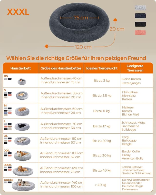 Detalle de Feandrea Hundebett flauschig Donut-Kissen 120 cm (PGW043G02) – waschbar, herausnehmbare Mitte, Anti-Rutsch