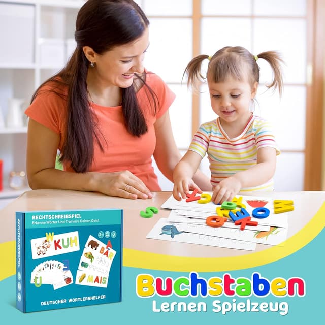 Detalle de Qukir Buchstaben-Lernspiel: Montessori Alphabet mit 65 Holzbuchstaben & 30 Karten