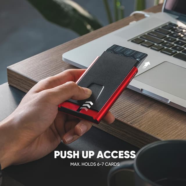 Detalle 2 de VULKIT Slim Card Wallet with Money Clip (Aluminium Pop-Up) – Red RFID Blocking