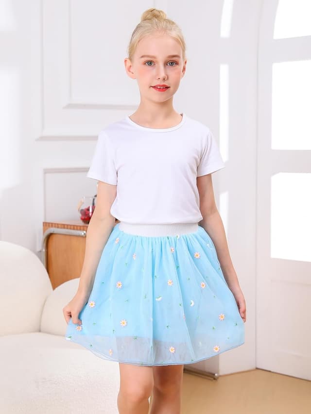 Detalle de Bezioner Girls' Embroidered Tulle Skirt (4 Layers) with Lining – Floral, for Daily Wear, Party & Festival