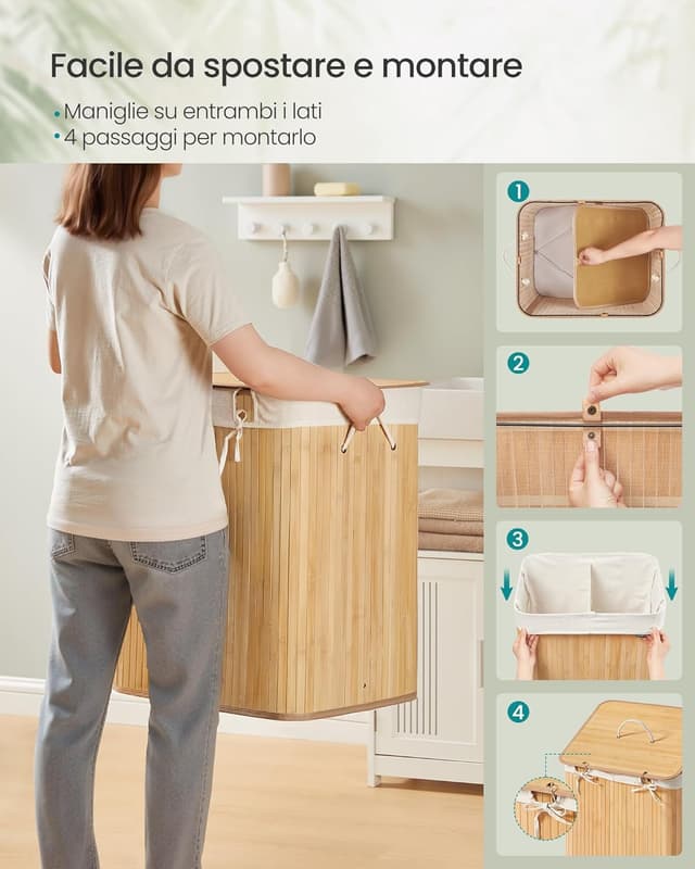 Detalle de SONGMICS LCB014Y01 Cesta portabiancheria in bambù con coperchio, 2 scomparti e sacco lavabile da 120 L