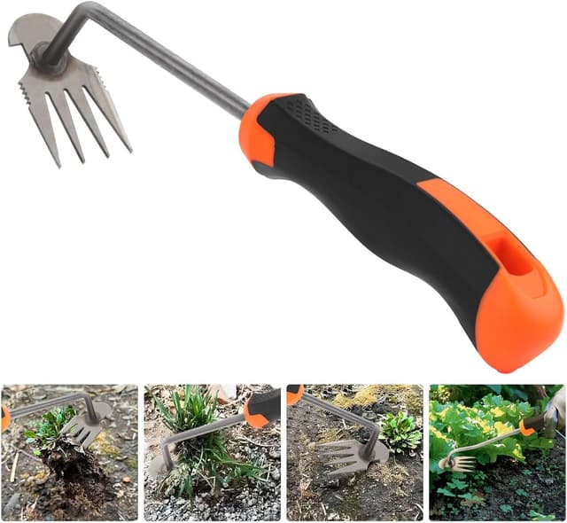 Detalle de MOKIDO Unkrautstecher mit 4 Zähnen und Stiel – manuelles Unkrautentferner-Gerät für enge Zwischenräume