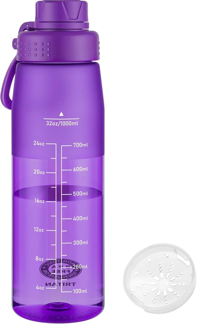 Detalle de GOPPUS 1L Clear Tritan Water Bottle (32oz) with Screw Lid, Fruit Infuser & Leakproof Handle
