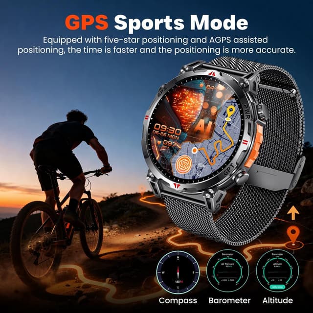Detalle de Montre connectée GPS homme AMOLED 1,7" Amoeld avec boussole, altimètre, baromètre et appels Bluetooth