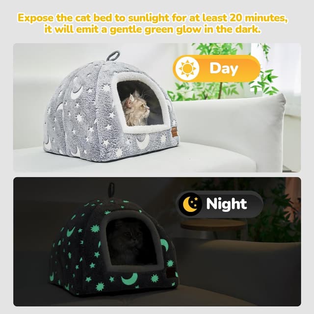 Detalle de CATISM Cat Bed Cave Grey Star & Moon, foldable indoor tent-style cat cave with removable washable cushion, 40 x 40 x 38cm
