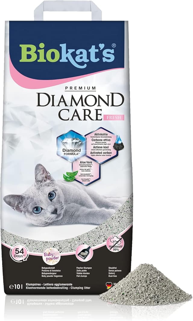 Detalle de Biokat’s Diamond Care Fresh arena fina con carbón activo y aloe vera (10 l) con fragancia a talco