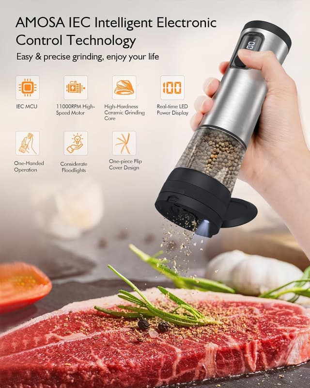 Detalle 2 de Set de moulins à poivre électrique AMOSA avec réglage 5 niveaux, 2 vitesses, base rechargeable et LED