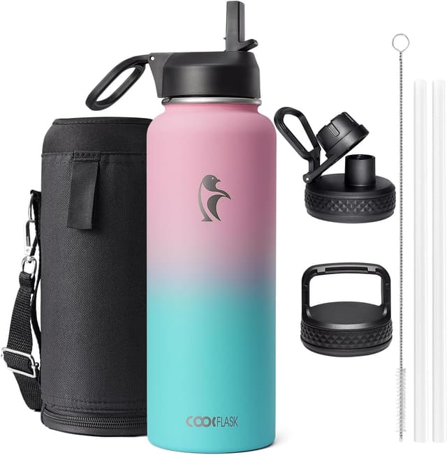 Detalle de Coolflask 1180 ml : bouteille isotherme en métal avec paille et 3 couvercles (bubble gum)