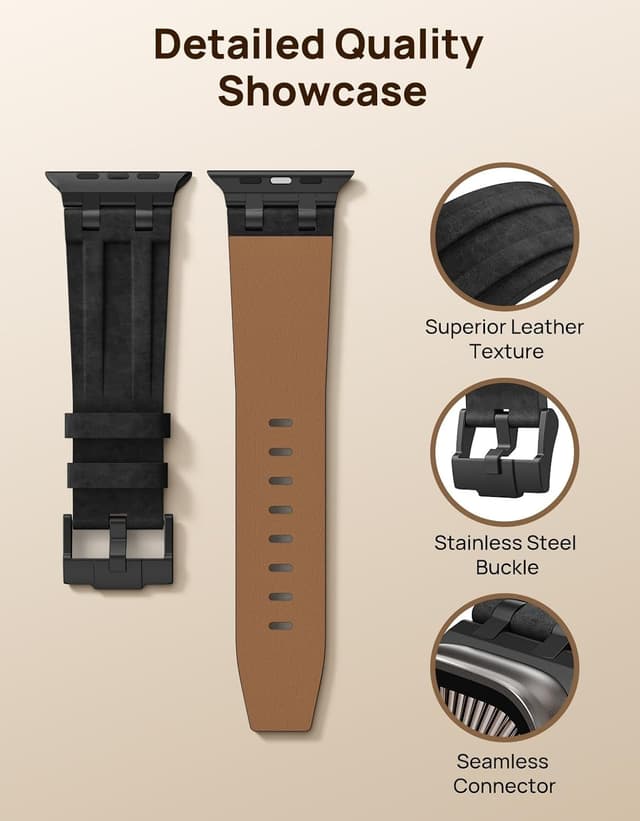 Detalle de Bracelet en cuir MoKo pour Apple Watch (49/46/45/44/42 mm) avec connecteurs métalliques