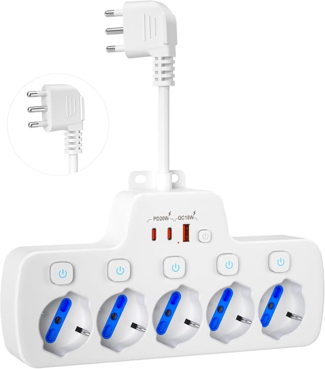 Detalle de Multipresa elettrica ciabatta con USB C 5 posti