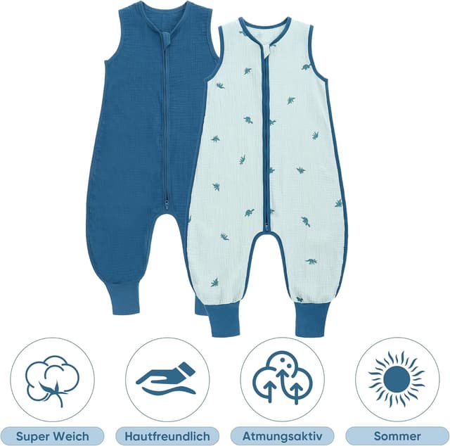 Detalle de 2er-Set amo nenes Baby-Schlafsack Sommer mit Füßen 0,5 Tog aus Baumwolle (Musselin) – Jungen & Mädchen