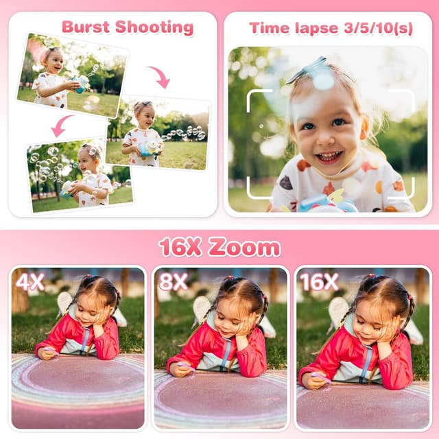 Thumbnail 4 de Macchina fotografica istantanea per bambini 1080p 2,4" rosa