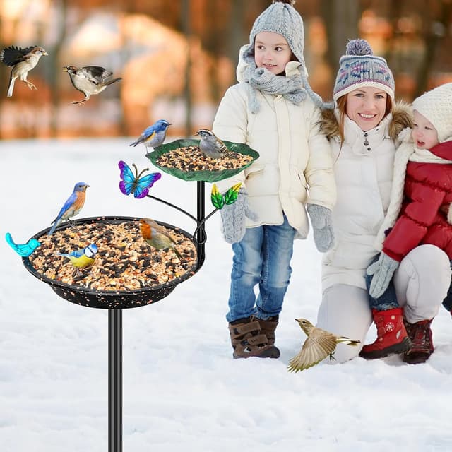 Detalle de KHayRovies Vogeltränke & Futterstelle stehend für außen aus Metall mit 5-Zinken-Basis (schwarz)