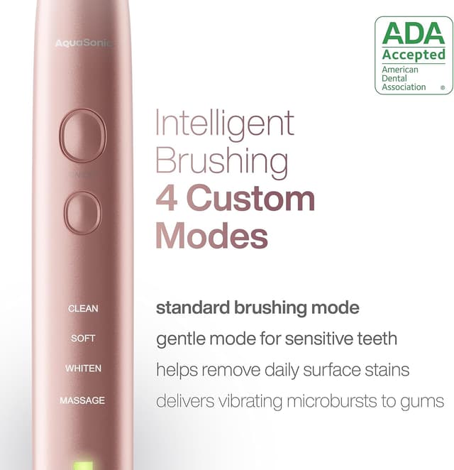 Detalle de Aquasonic Vibe Series Ultra Whitening Electric Toothbrush (ADA Accepted) with 8 Brush Heads & Travel Case, Smart Timer & Wireless Charging – Satin Rose Gold