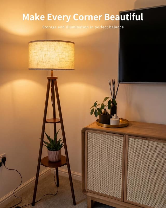 Detalle de LuminexDesigns Lampada da Terra Vintage su Treppiede in Legno con Ripiano e Paralume in Tessuto (interruttore a pedale)