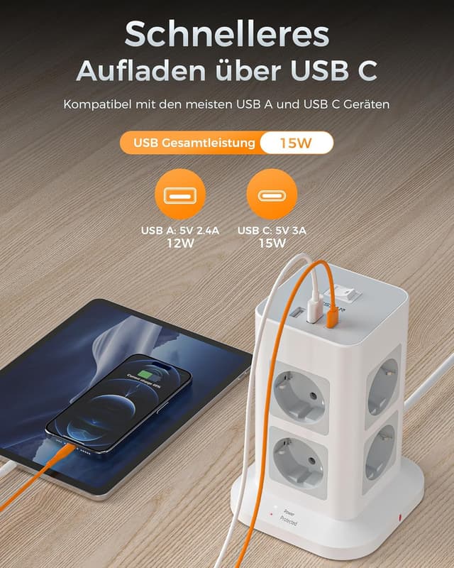 Thumbnail 2 de TESSAN 8-fach Mehrfachsteckdose mit USB C 3600W