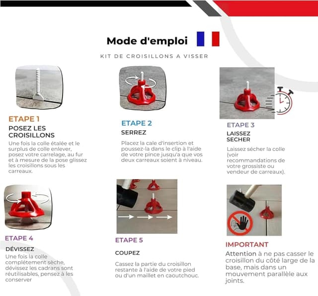 Thumbnail 6 de Croisillons carrelage autonivelant 3 mm Shaffer pro (200 clips + 100 cadrans réutilisables) pour joints réguliers, 3 à 22 mm