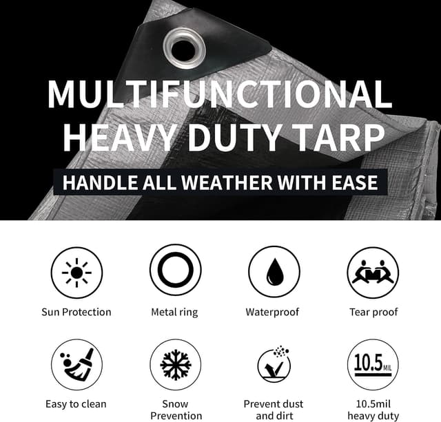 Detalle de TARPAL 12x25 Feet 10.5Mil Silver/Black Heavy-Duty Tarp (Waterproof, UV/Snow Protection)