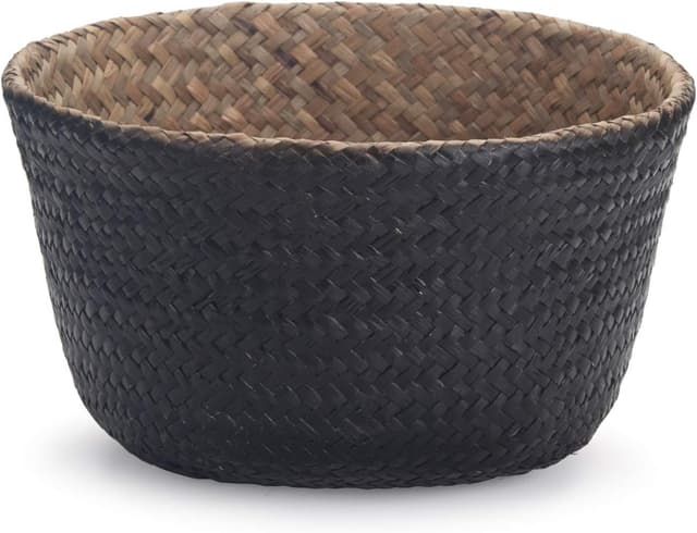 Detalle de DOKOT Seegras-Korb als Blumentopf, Wäschekorb & Aufbewahrung – Naturkorb gewebt, mit Griff (Schwarz)