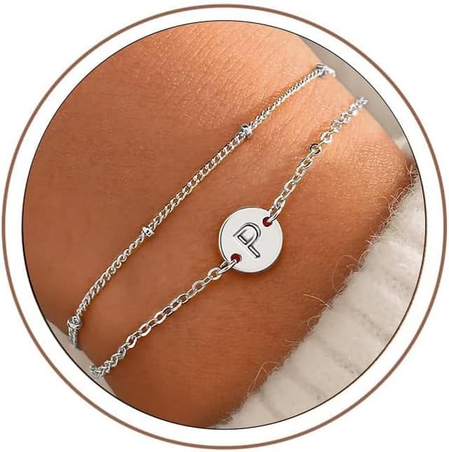 Detalle de TINGN bracciale da donna in argento con iniziale e charm monogramma, oro bianco 18 carati riempito