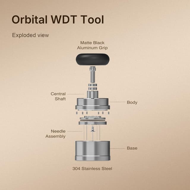 Detalle de TIMEMORE Espresso Tamper-Set 58,4 mm mit WDT-Werkzeug, selbstnivellierendem Tamper und Gravity-Distributor