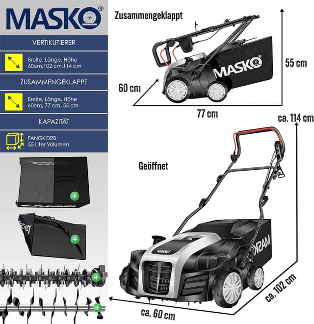Thumbnail 6 de MASKO® Elektro 2in1 Vertikutierer & Rasenlüfter 1800 W, 40 cm Arbeitsbreite, 55-L-Fangkorb