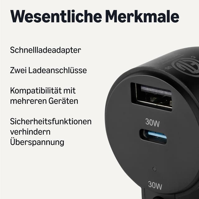 Detalle de Amazon Basics Schnelllade-Autoladegerät mit USB‑C & USB‑A, 60 W (drei Ports) und 152,4 cm Spiralkabel – Schwarz