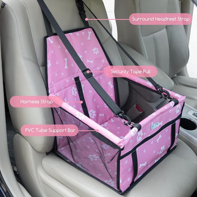 Detalle 2 de Nobleza seggiolino auto per cani piccola taglia e gatti con tasca e cintura di sicurezza, pieghevole impermeabile rosa