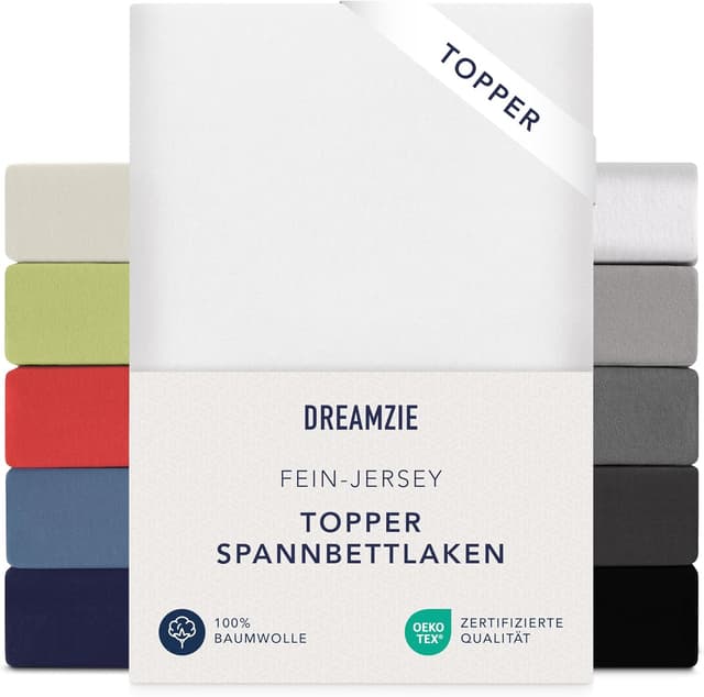 Detalle de Dreamzie Premium Topper Spannbettlaken aus Jersey-Baumwolle (extra niedrige Seitenhöhe) für Topper, weiß