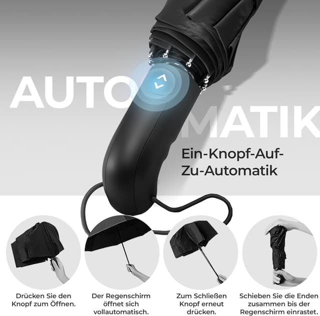 Detalle de Regenschirm Taschenschirm Sturmfest mit Auf-Zu-Automatik & Schirm-Tasche – Schwarz, kompakter Reise- & Golfschirm