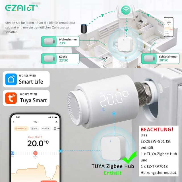 Detalle de ezAIoT Smart Heizkörperthermostat WLAN/TRV Zigbee Tuya Kit (EZ-ZB2W-G01) mit Hub für App-Steuerung