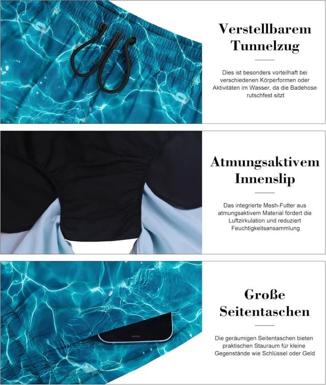 Detalle de Werfami Herren Badehose Lang Badeshorts mit Innenhose (UV-Schutz, schnelltrocknend) – S bis 3XL
