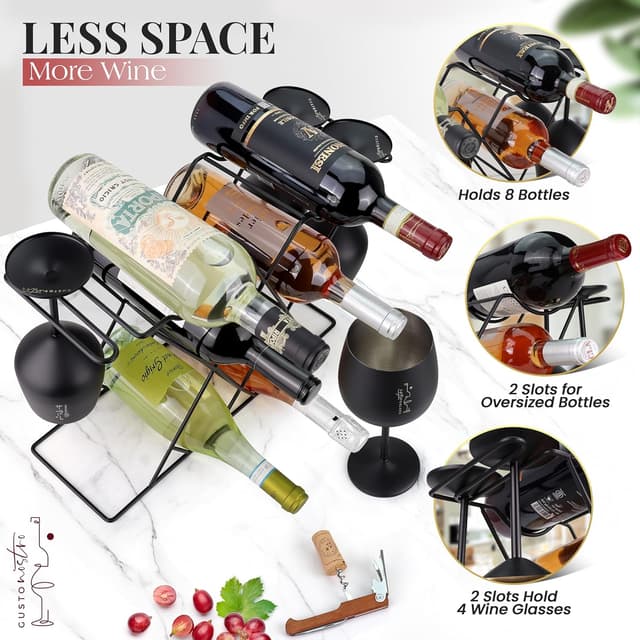 Detalle de Gusto Nostro Kleines Weinregal Schwarz Metall mit Weinglashalter für 8 Flaschen & 4 Gläser