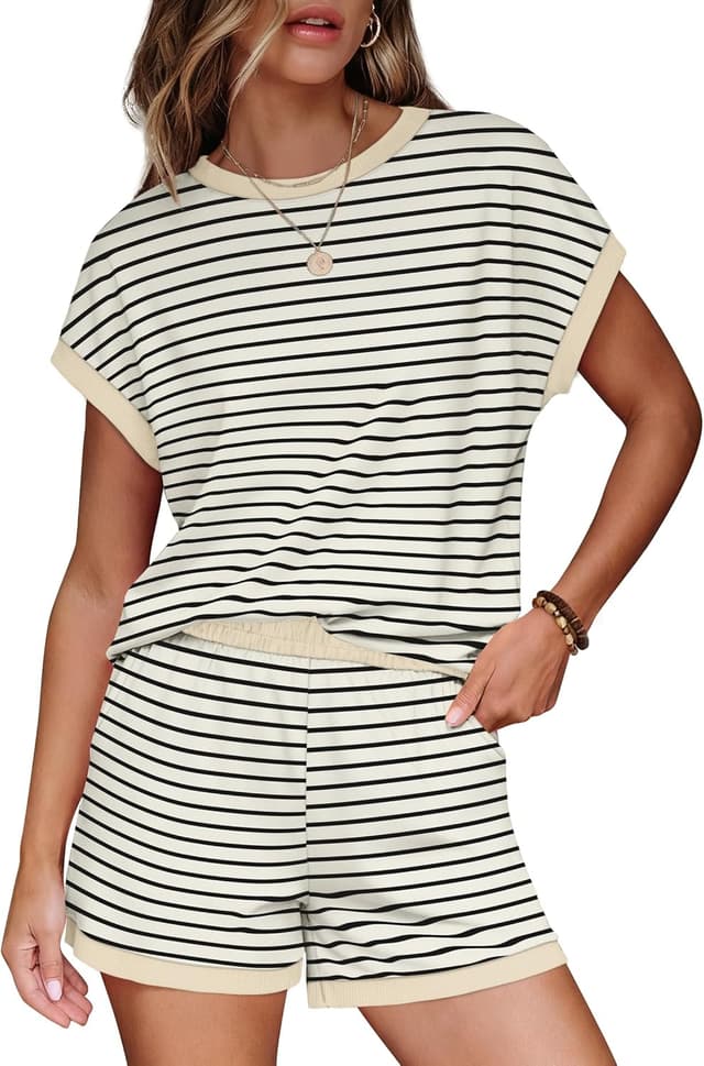 Thumbnail 1 de WIHOLL Two-Piece Summer Lounge Set for Women (Crew Neck Cap Sleeve Top + Shorts with Pockets)